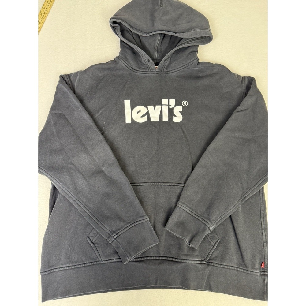 Levis Hoodie Sweatshirt Black Graphic Relaxed Fit Hood Pullover Unisex Size XL